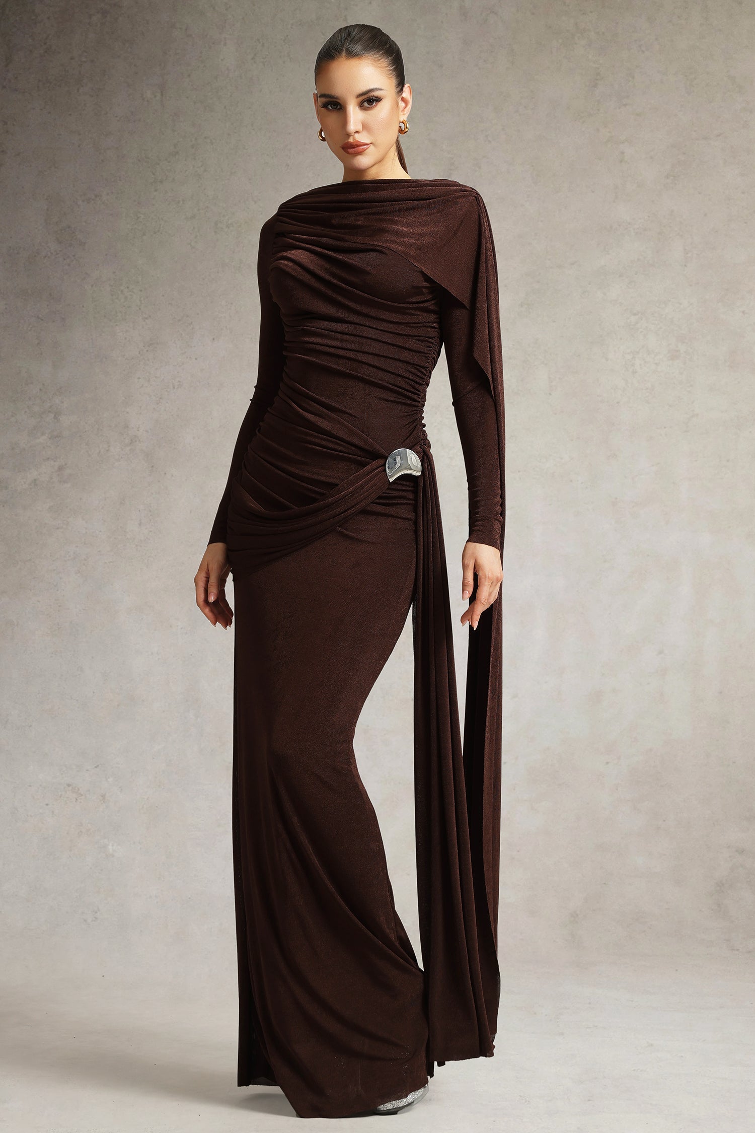 Tihila Long Sleeve Ruched Brown Maxi Dress D250901545