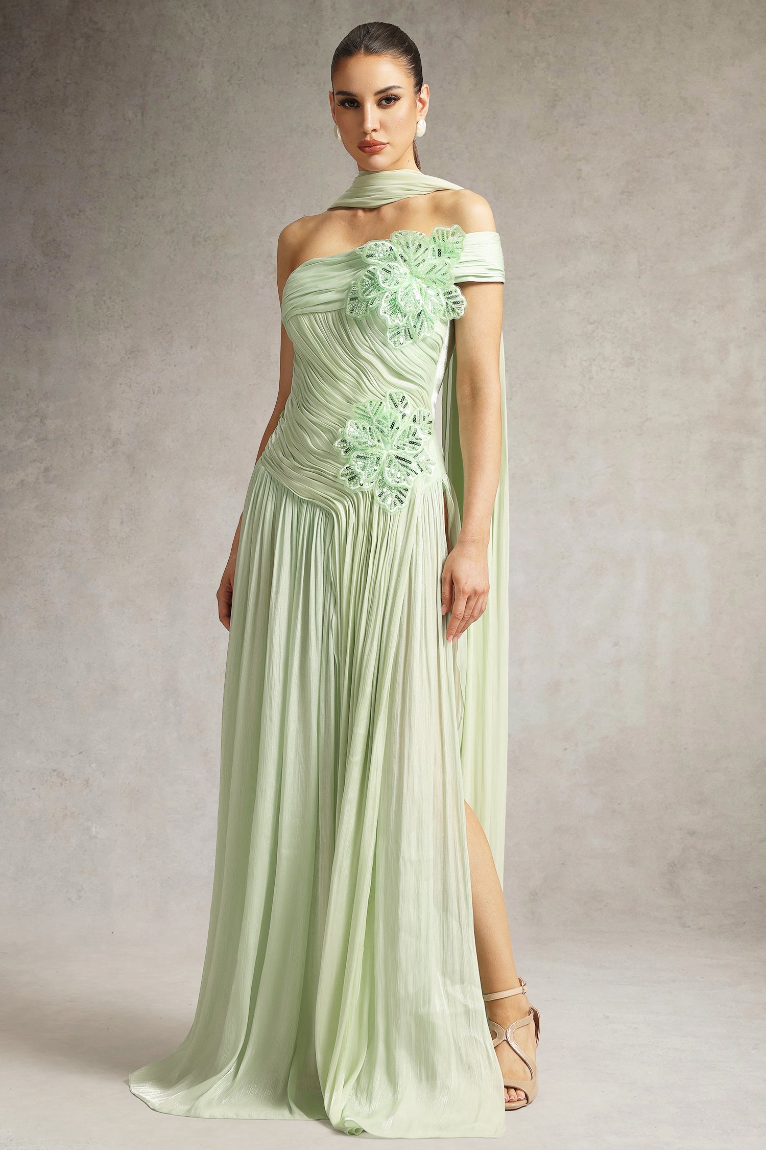 Mellies One Shoulder Floral Ruched High Slit Maxi Dress D250803101