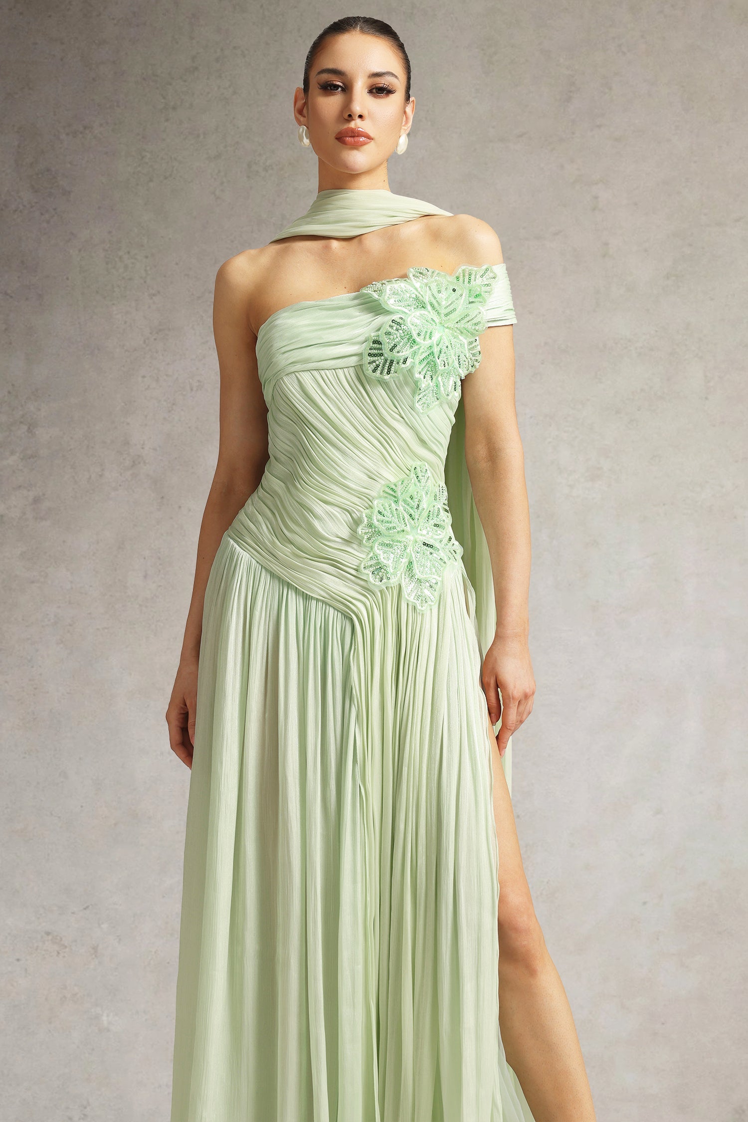 Mellies One Shoulder Floral Ruched High Slit Maxi Dress D250803101