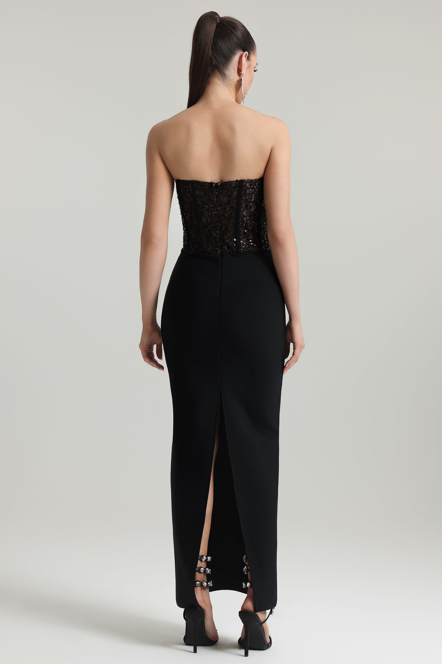 Dodou Strapless Cape Sequin Bandage Maxi Dress D250903202