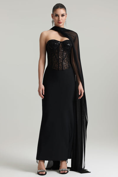Black - Dodou Strapless Cape Sequin Bandage Maxi Dress by Bella Barnett