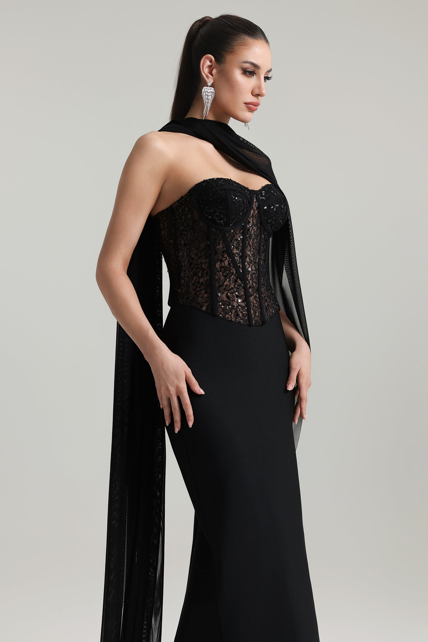 Dodou Strapless Cape Sequin Bandage Maxi Dress D250903202