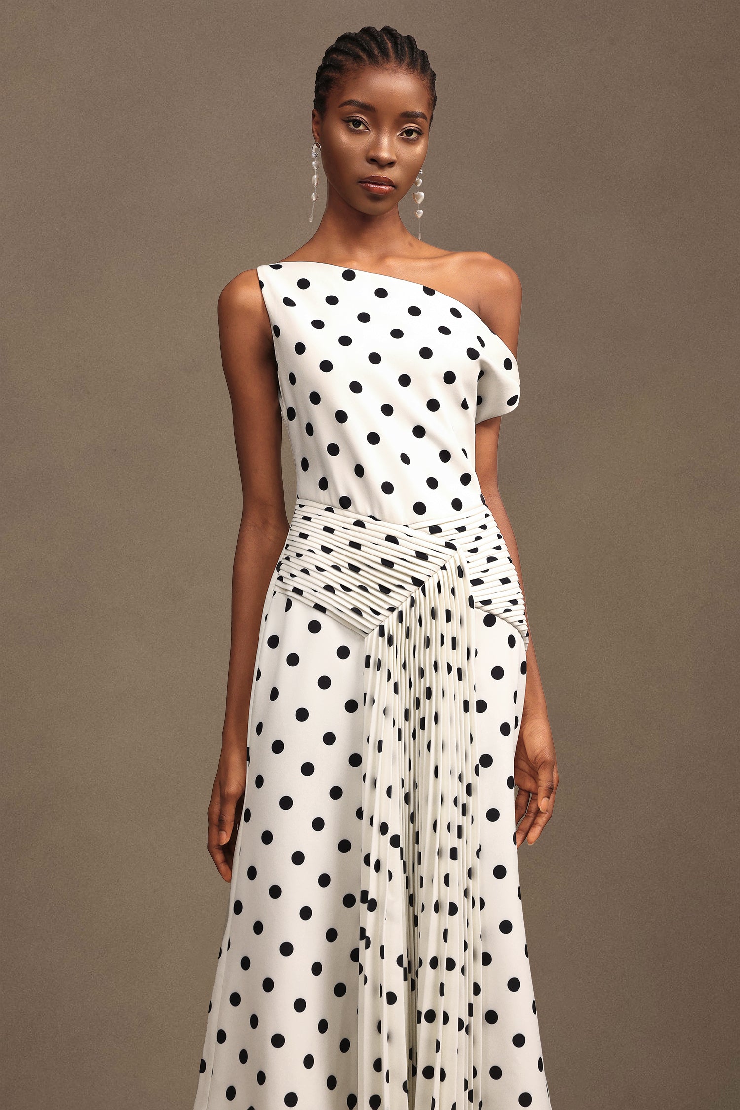 Hutuny Polka Dot One Shoulder Fold Maxi Dress D250705101