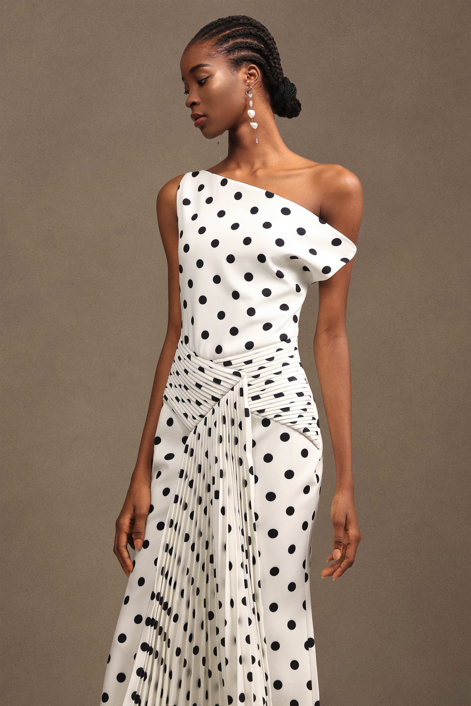 Hutuny Polka Dot One Shoulder Fold Maxi Dress D250705101