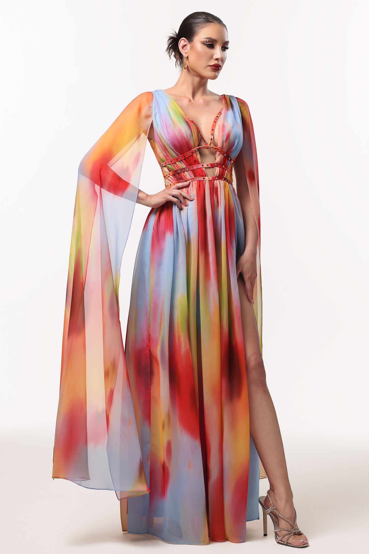 Zelda Sexy Flowy V Neck Cape Sleeve Abstract Print Maxi Dress D250905301-Floral