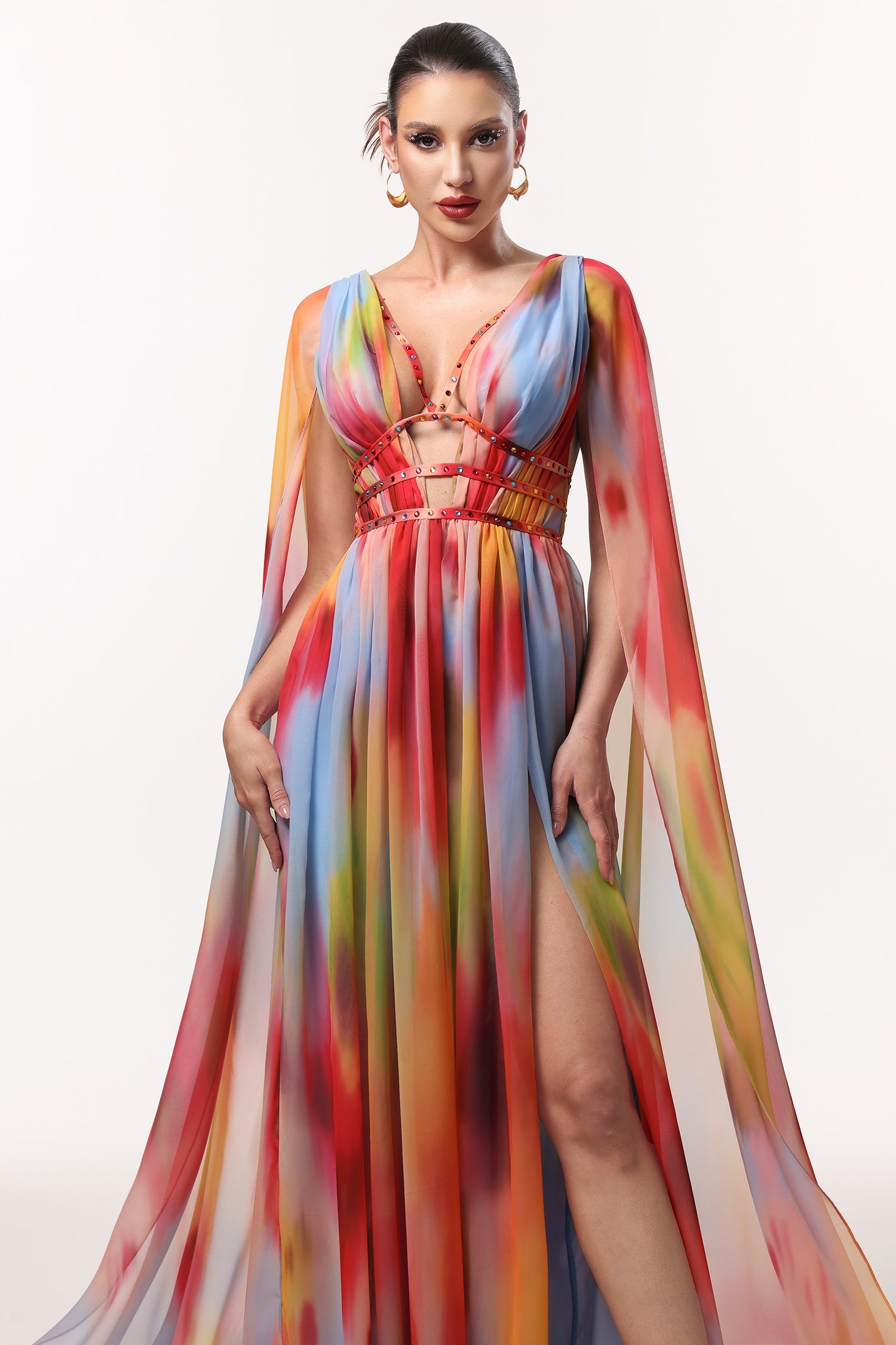 Zelda Sexy Flowy V Neck Cape Sleeve Abstract Print Maxi Dress D250905301-FLORAL