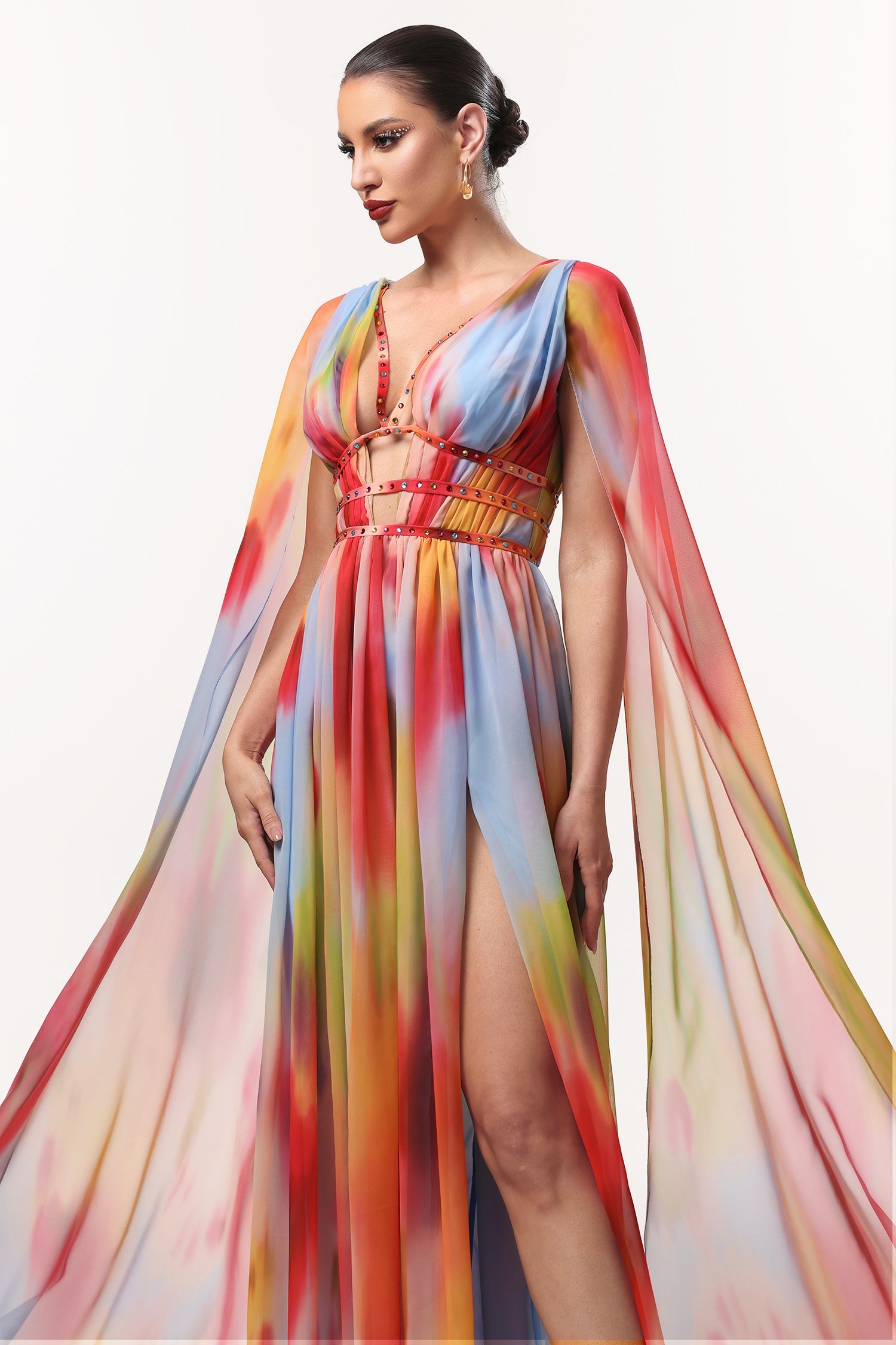 Zelda Sexy Flowy V Neck Cape Sleeve Abstract Print Maxi Dress D250905301-FLORAL