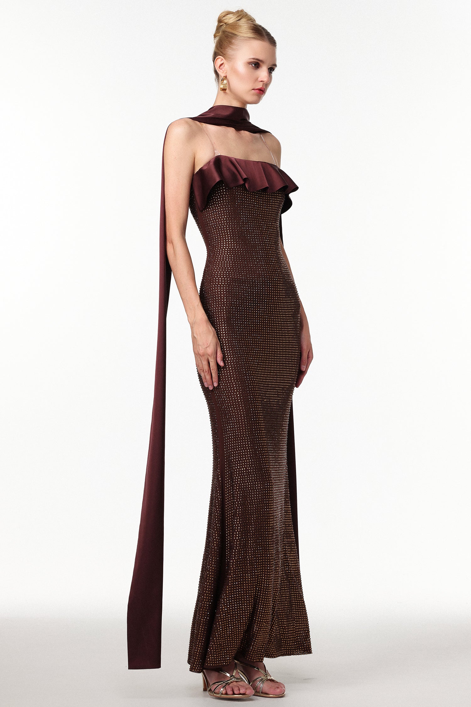 Zainab Elegant Contour Rhinestone Knit Maxi Dress D250905302