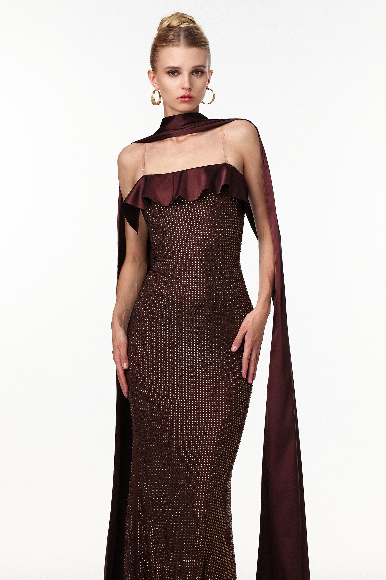 Zainab Elegant Contour Rhinestone Knit Maxi Dress D250905302