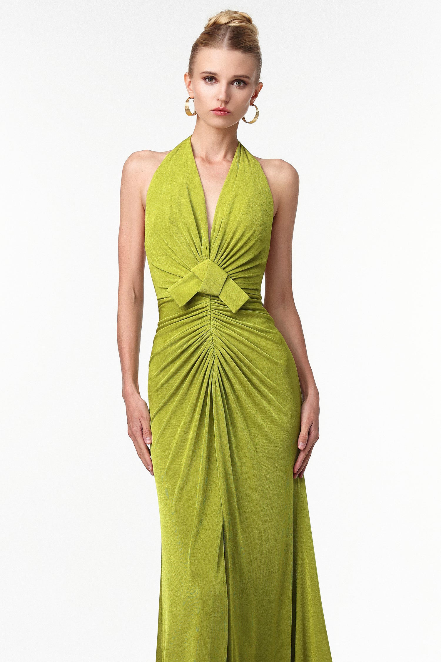 Jalila Sexy Contour V Neck Ruched Knot Slit Knit Maxi Dress D250904202