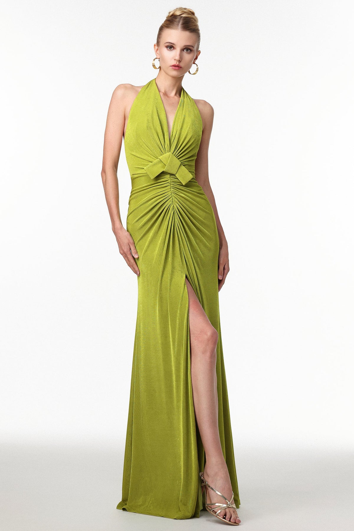 Jalila Sexy Contour V Neck Ruched Knot Slit Knit Maxi Dress D250904202