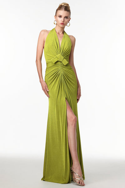 Green - Jalila Sexy Contour V Neck Ruched Knot Slit Knit Maxi Dress by Bella Barnett
