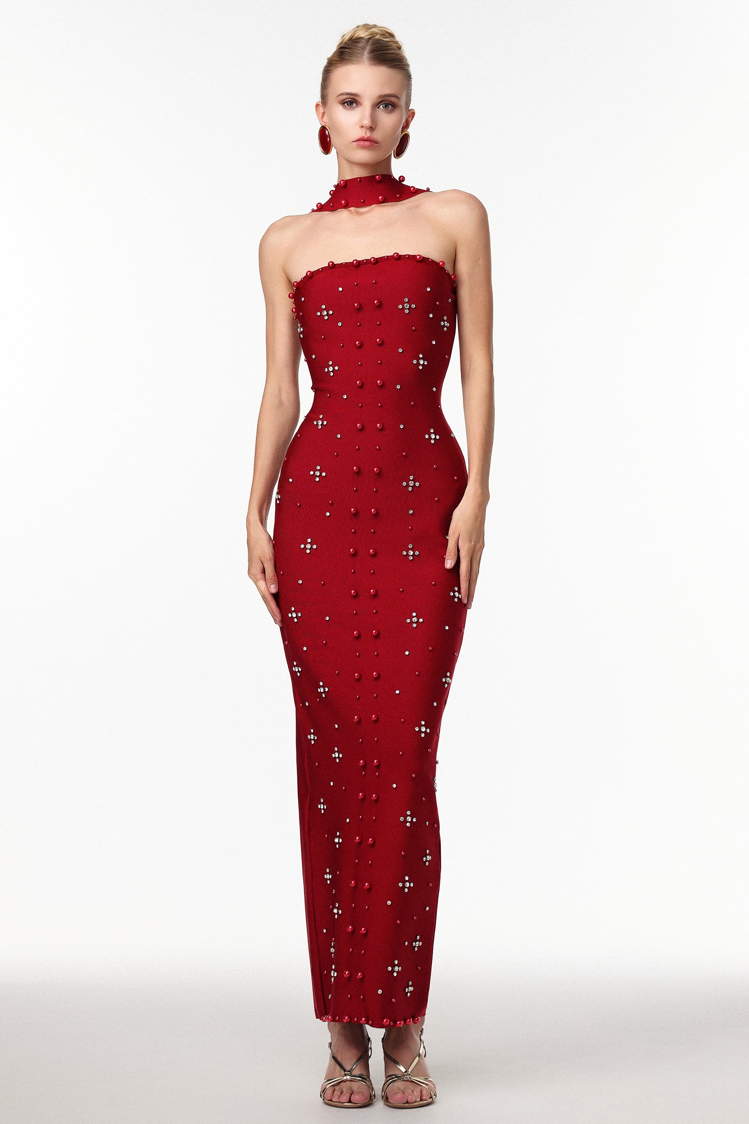 Nesya Sleeveless Pearl Wine Bandage Maxi Dress D250701245