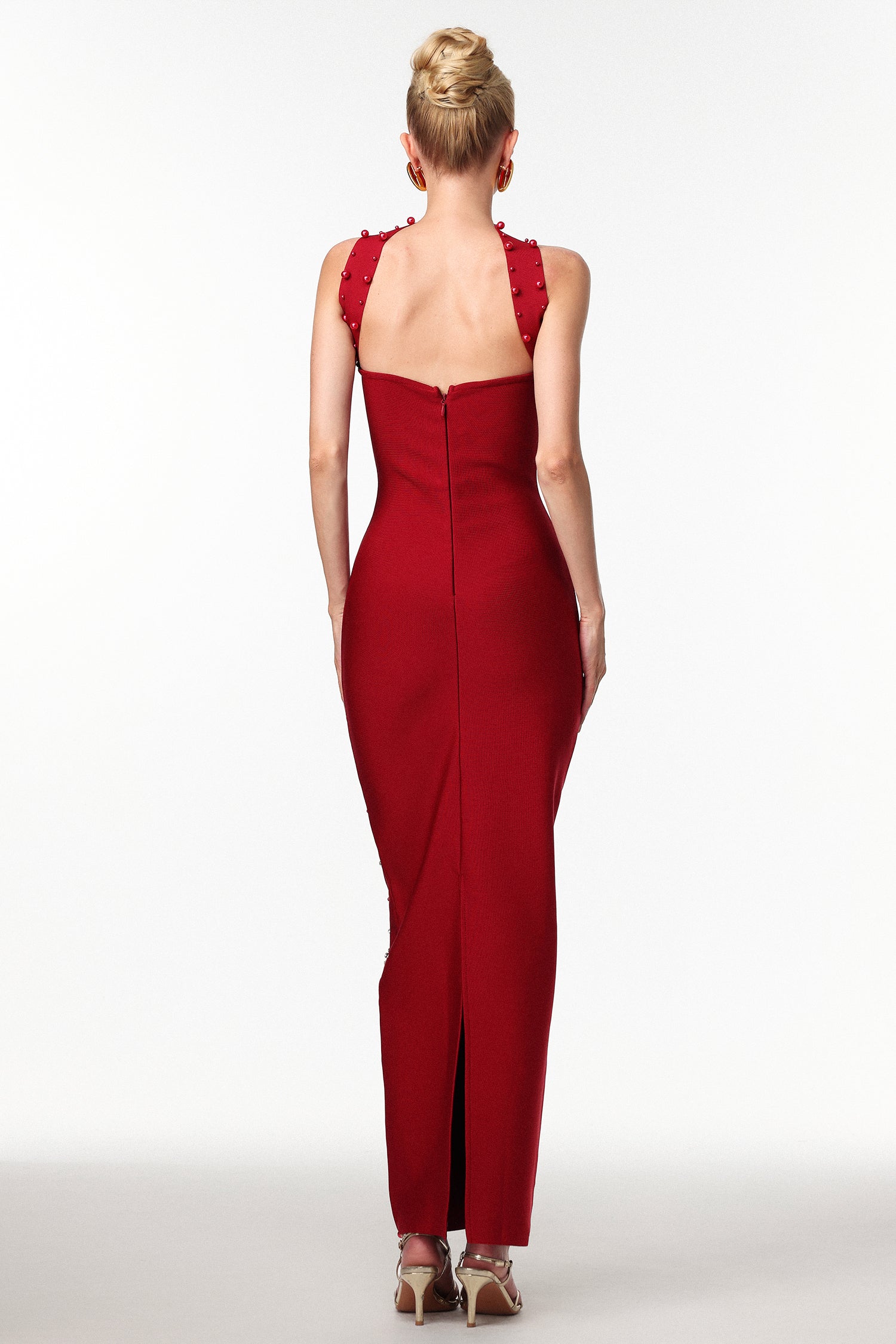 Nesya Sleeveless Pearl Wine Bandage Maxi Dress D250701245