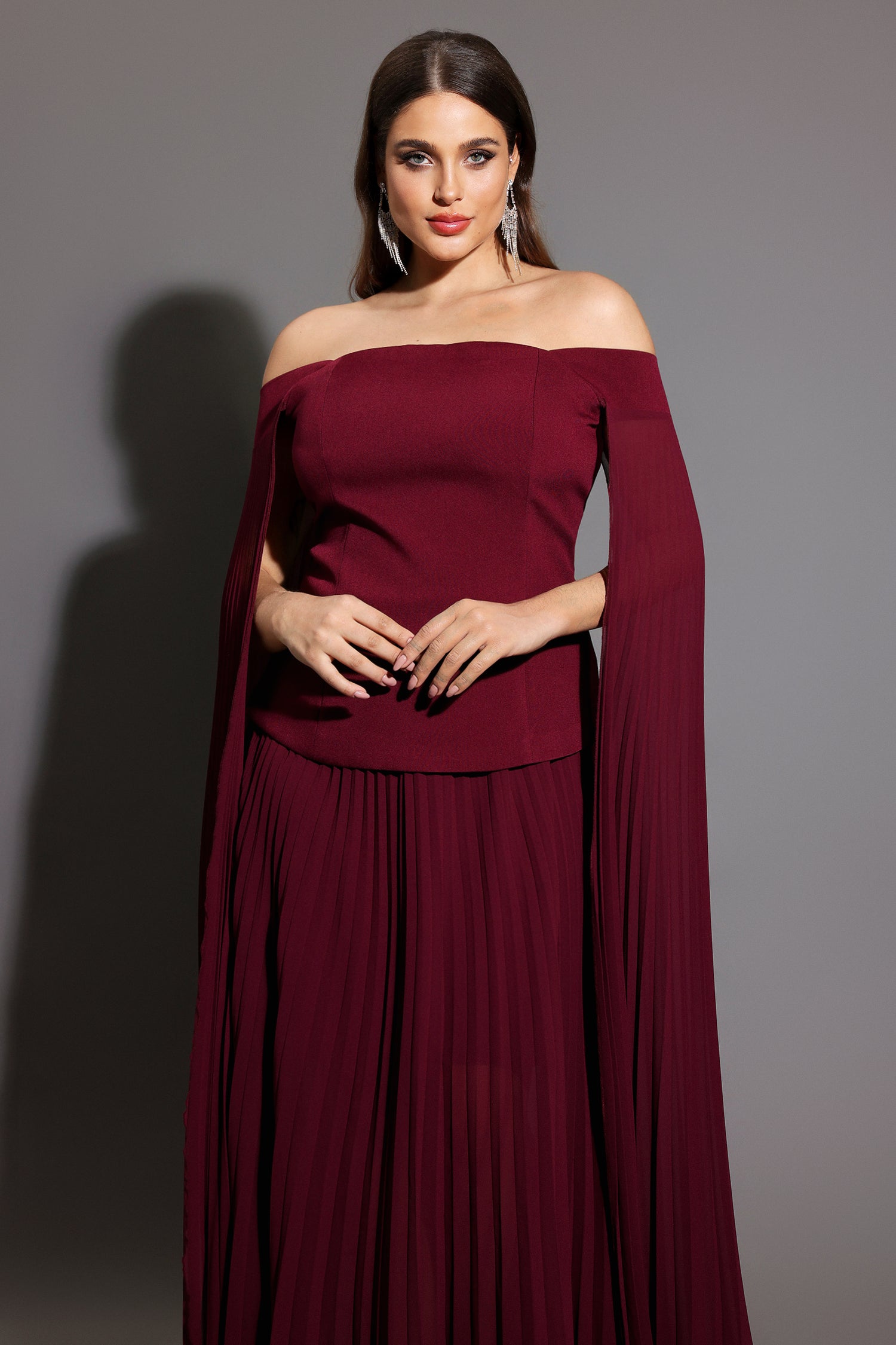 Solvia Off The Shoulder Long Sleeves Ruched Maxi Dress D250801408