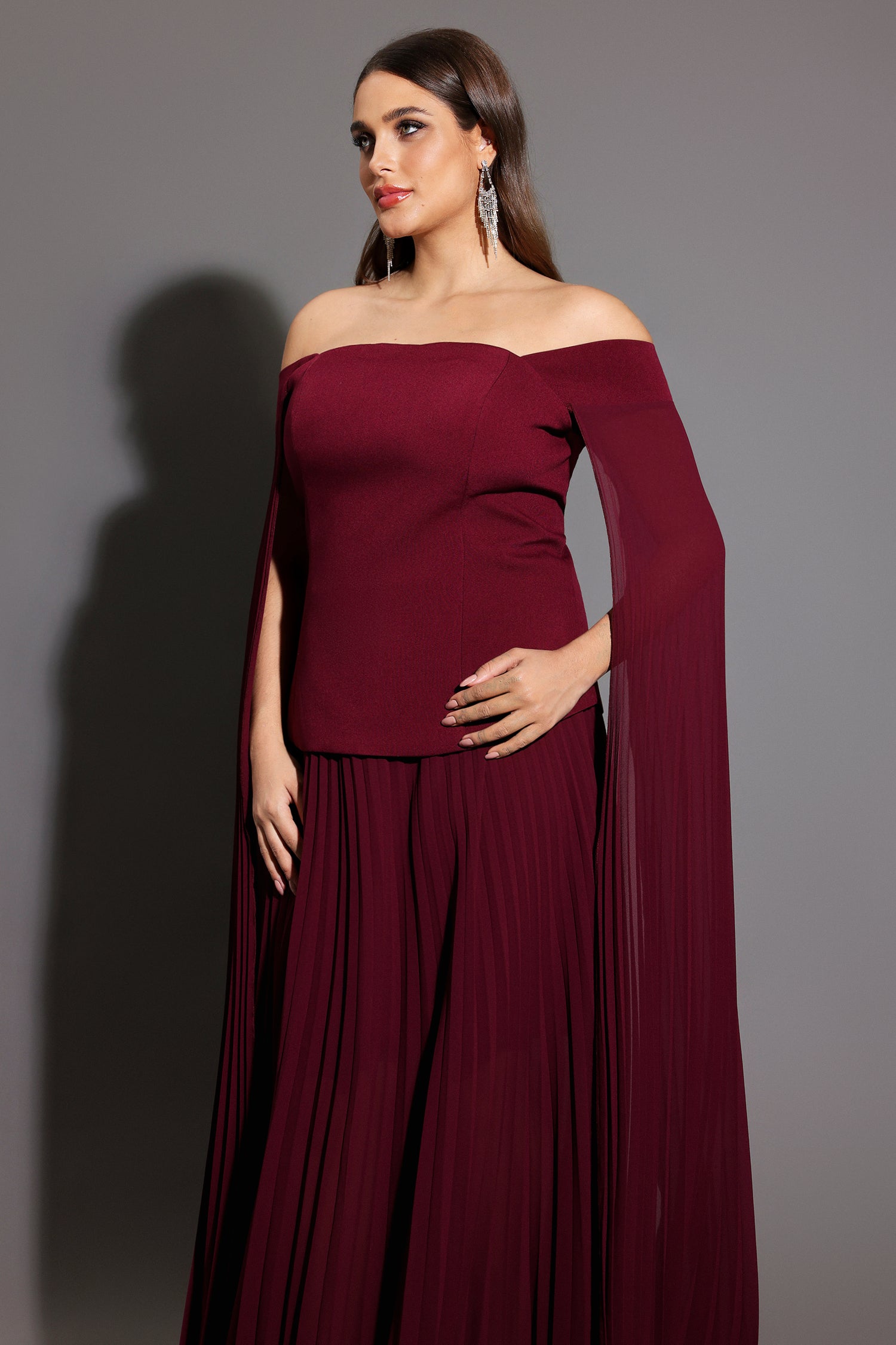 Solvia Off The Shoulder Long Sleeves Ruched Maxi Dress D250801408