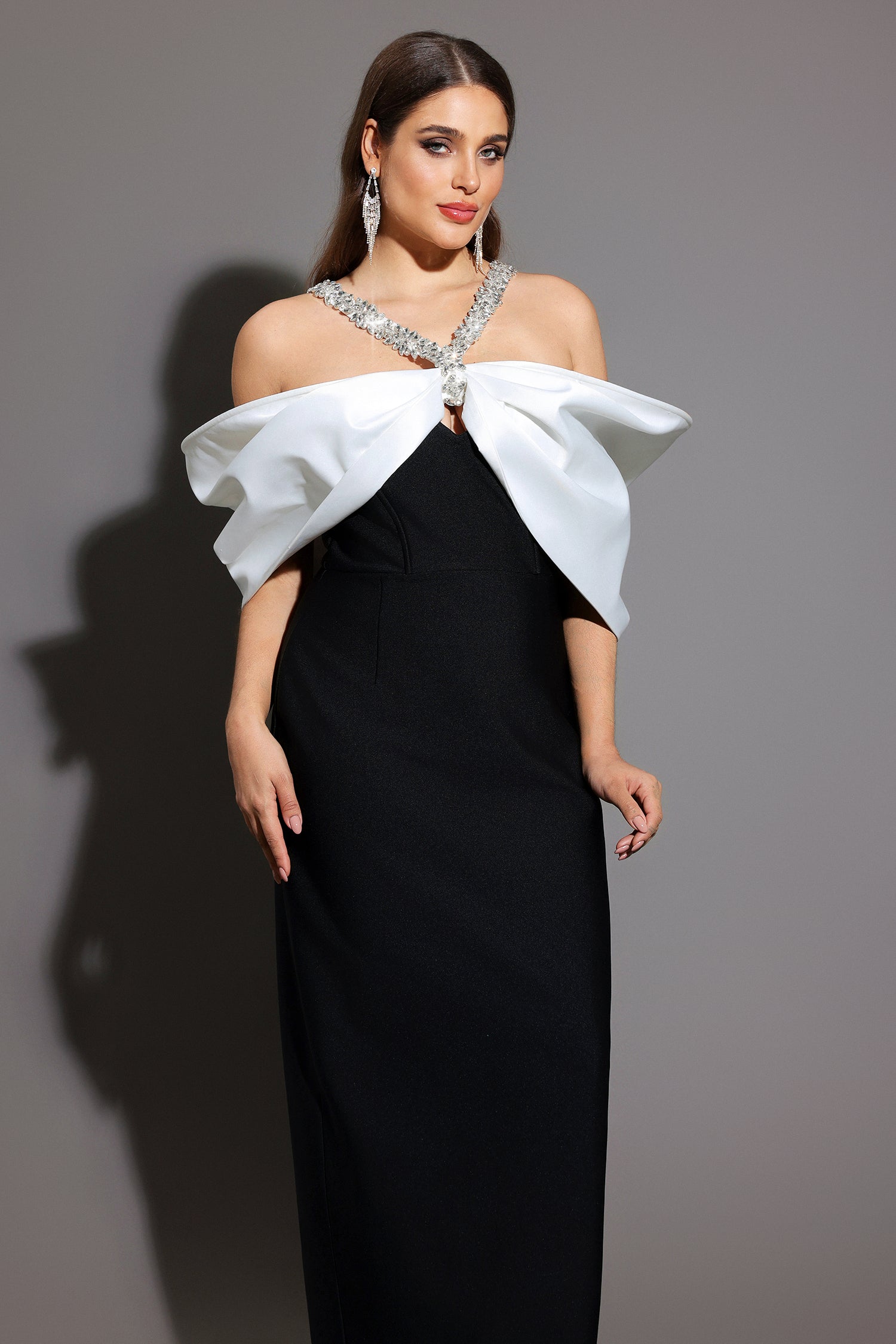 Lucifa Halter Sleeveless Bow Diamond Ribbon Bandage Maxi Dress D250301626
