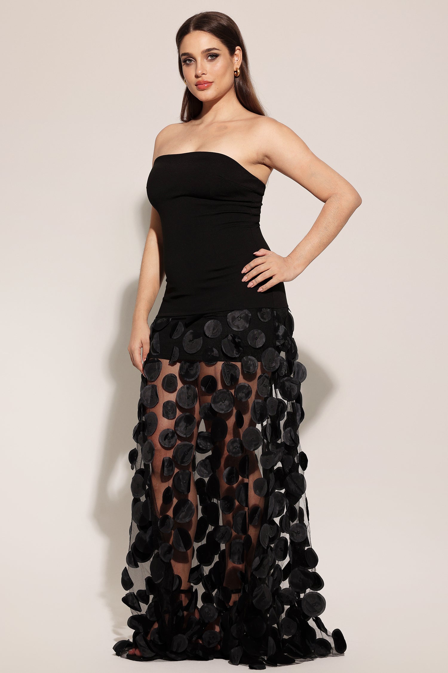 Falzer Sleeveless Netting Wafer Maxi Dress D250301510