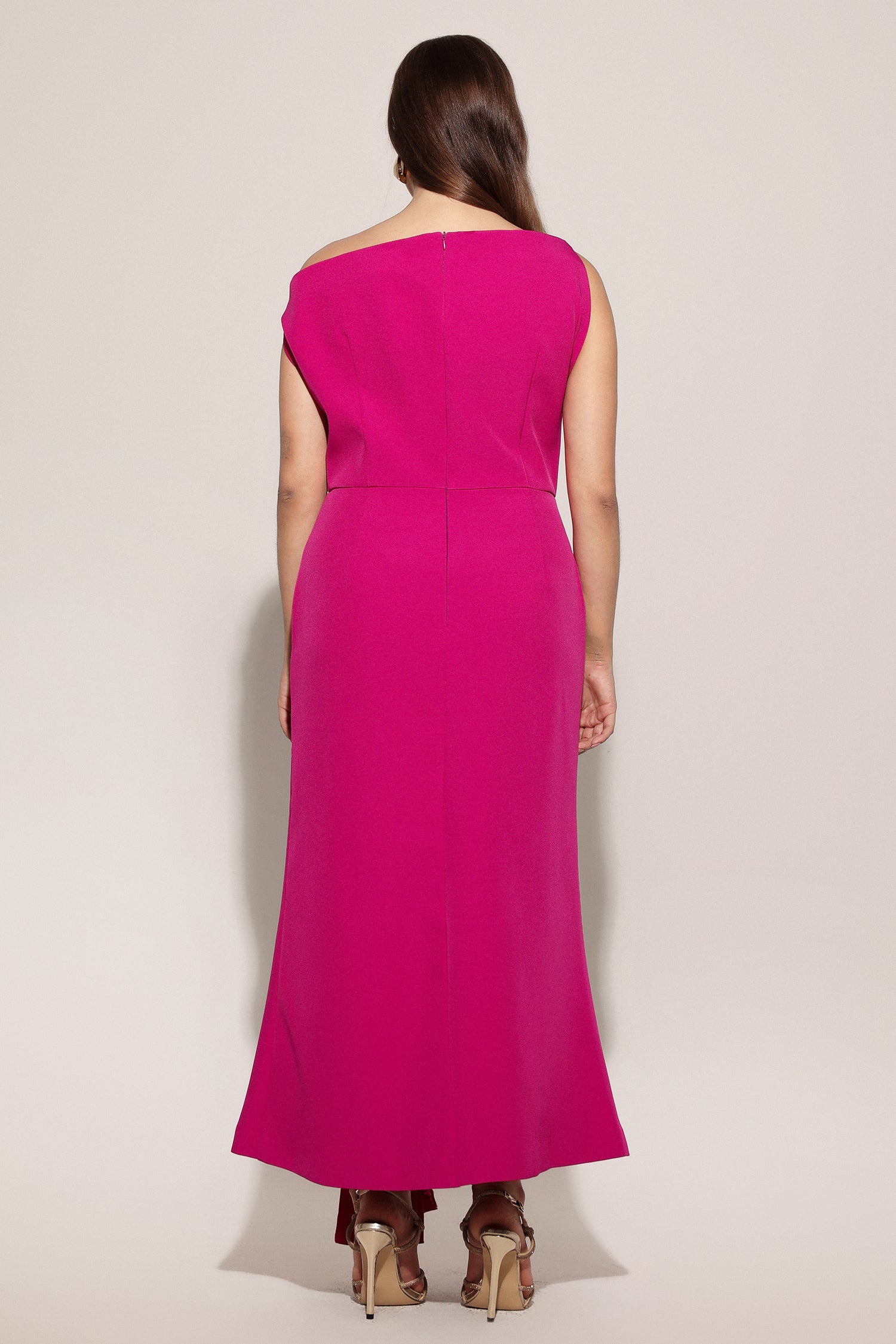 Paulina Oblique Shoulder Sleeveless Folds RosePink Midi Dress C250300341