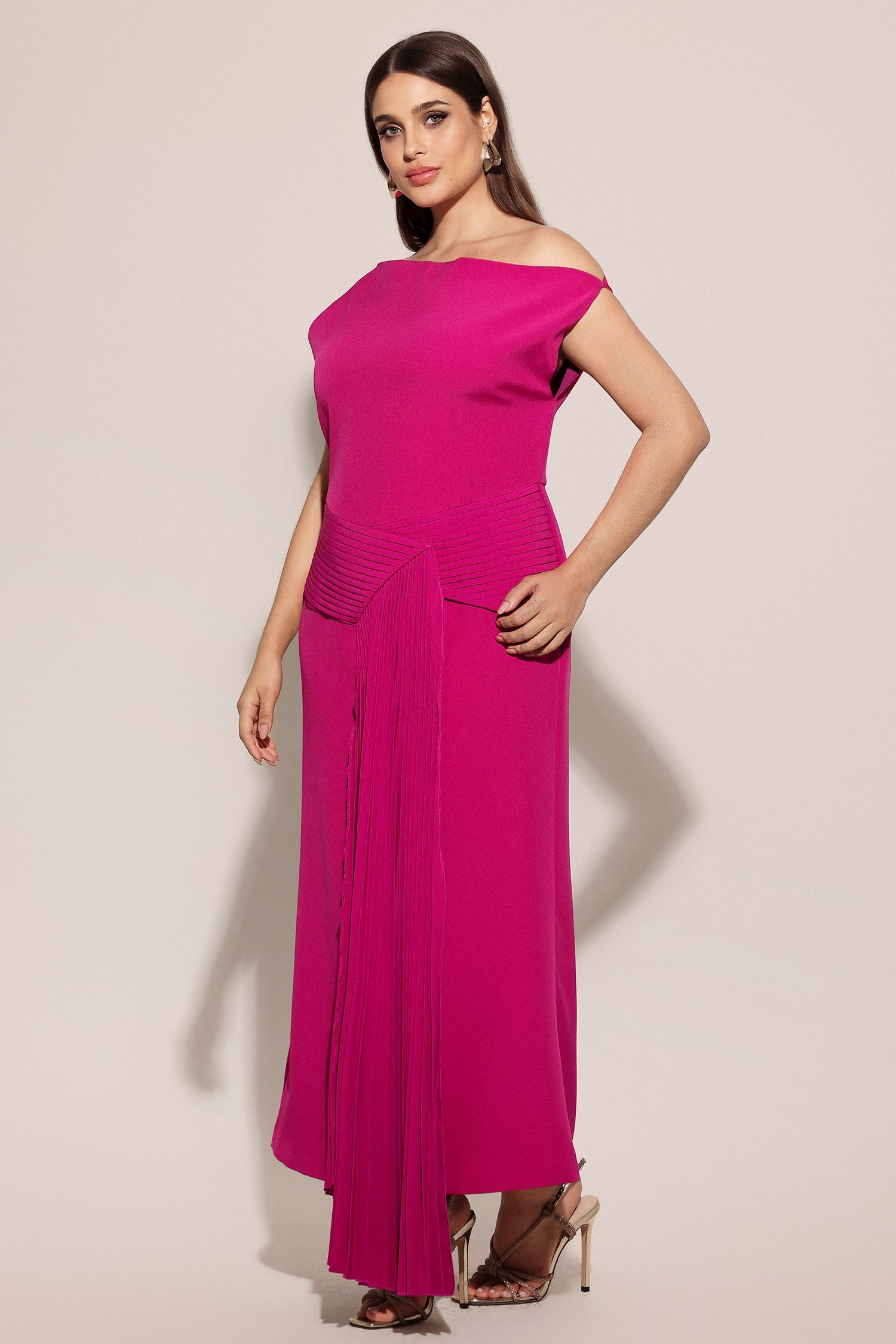 Paulina Oblique Shoulder Sleeveless Folds RosePink Midi Dress C250300341