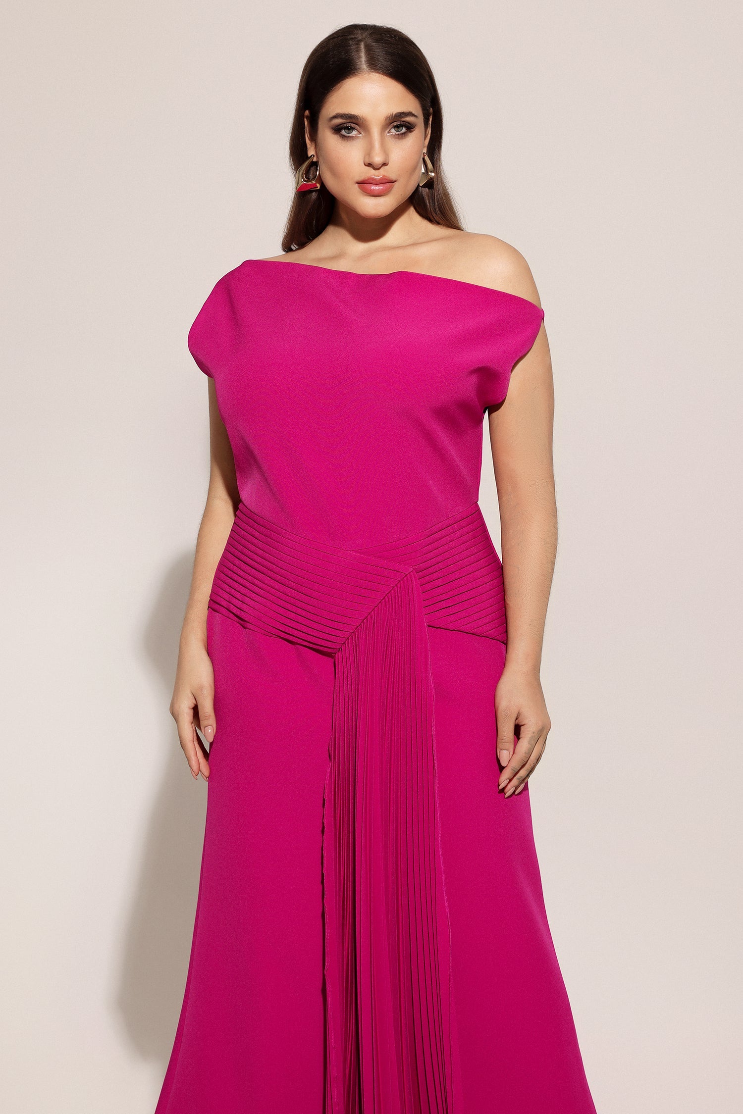 Paulina Oblique Shoulder Sleeveless Folds RosePink Midi Dress C250300341