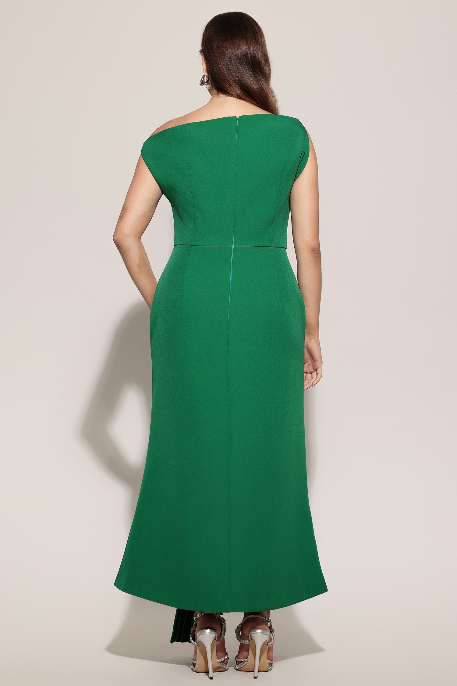 Paulina Oblique Shoulder Sleeveless Folds Green Midi Dress | Goddiva