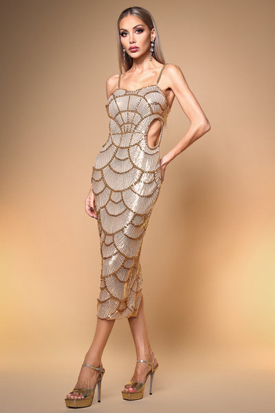 Teresa Pearl Sequin Gold Midi Dress by Bella Barnett