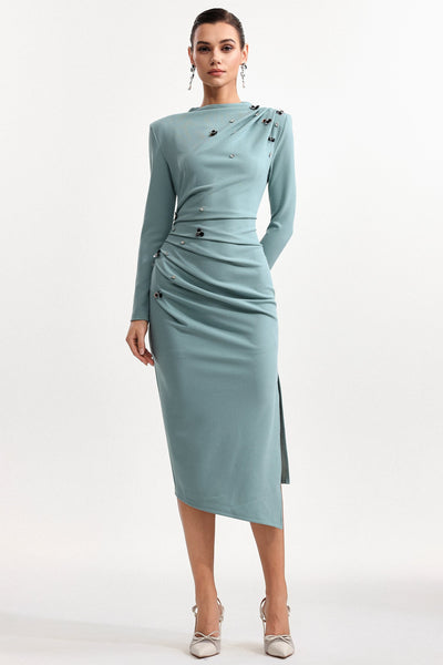 Green - Nina Elegant Cinched Waist Long Sleeve Sequin Floral Pleated Knit Midi Dress by Bella Barnett