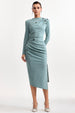 Nina Elegant Cinched Waist Long Sleeve Sequin Floral Pleated Knit Midi Dress by Bella Barnett