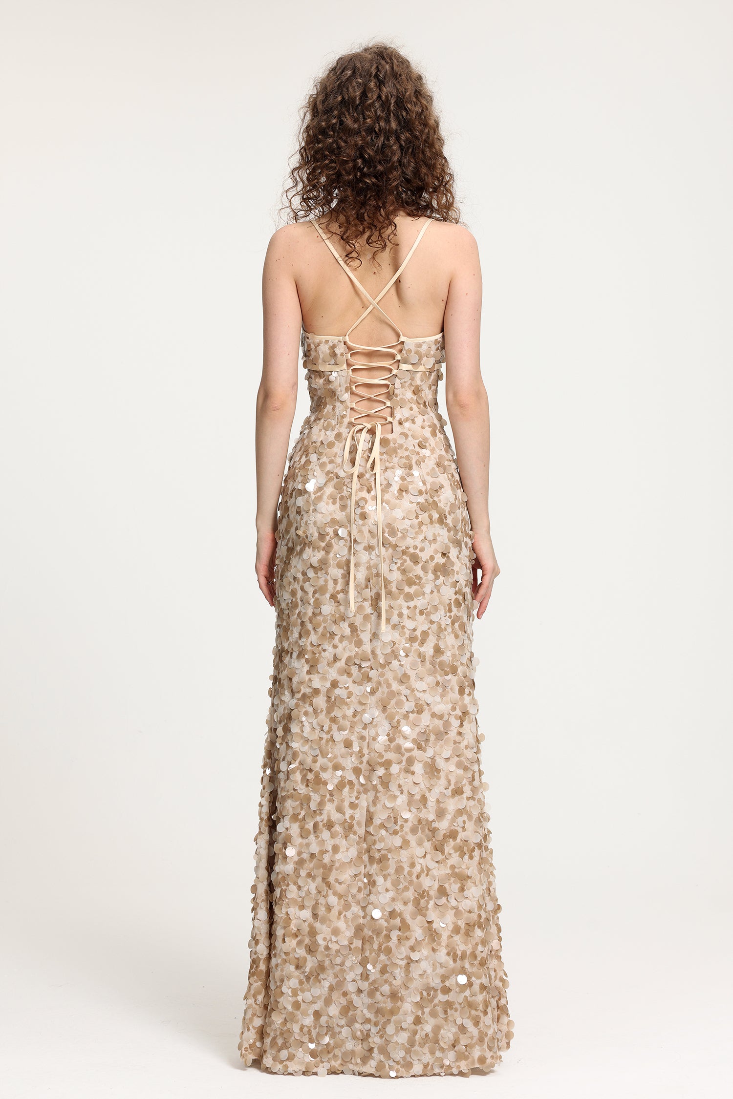 Deep V Sequin Spaghetti Strap Maxi Gown R2510HB007