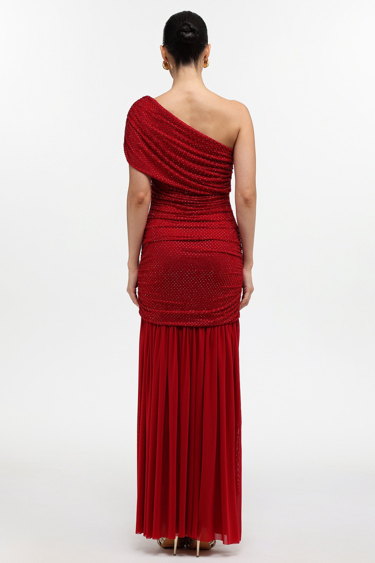 Naida Elegant Contour One Shoulder Ruched Crystal Maxi Dress D251105207