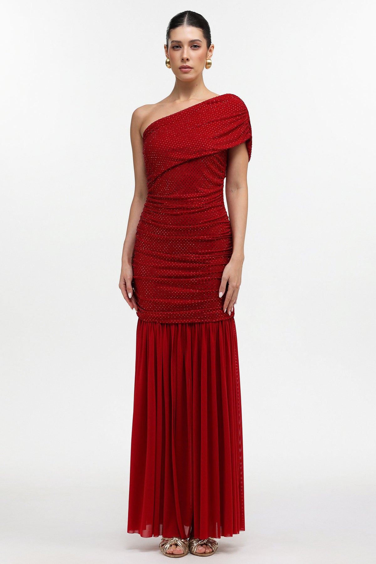 Naida Elegant Contour One Shoulder Ruched Crystal Maxi Dress D251105207