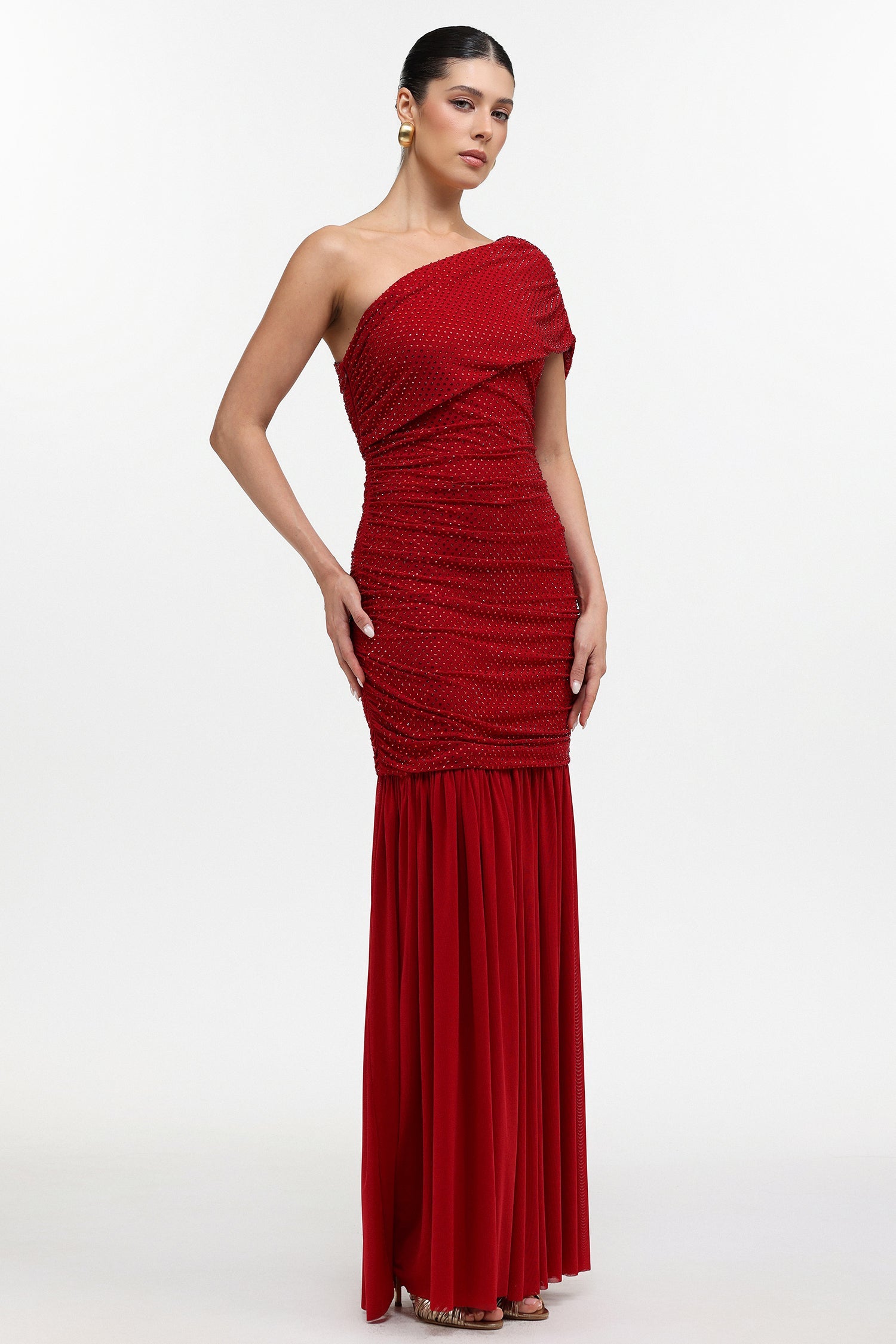 Naida Elegant Contour One Shoulder Ruched Crystal Maxi Dress D251105207