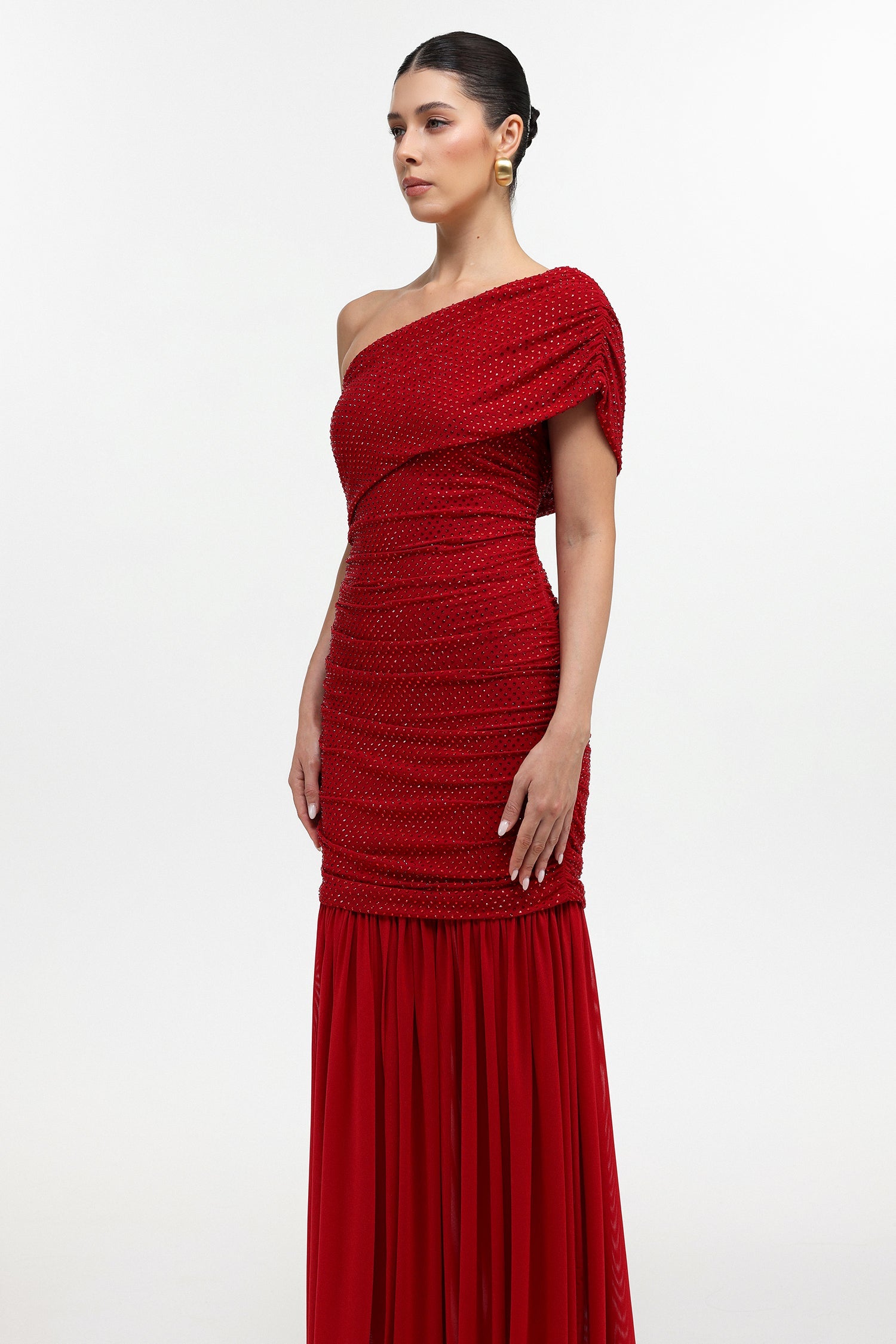 Naida Elegant Contour One Shoulder Ruched Crystal Maxi Dress D251105207