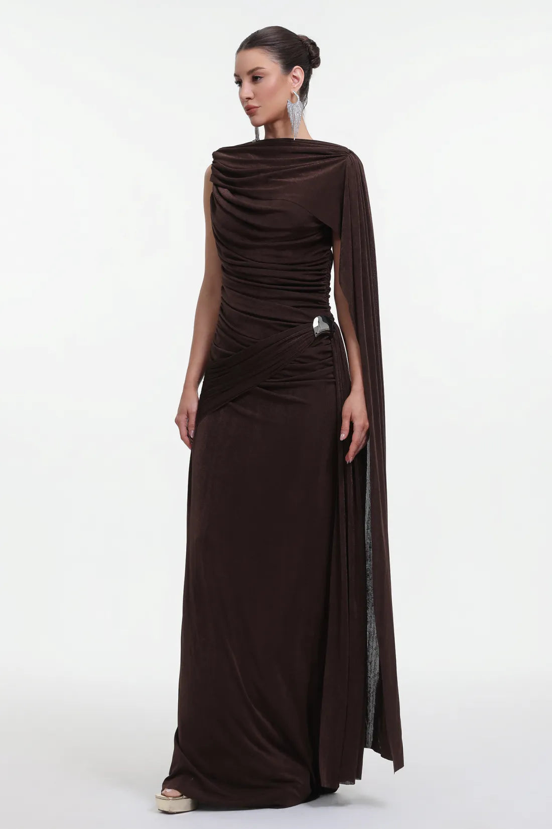 Yahir Elegant Contour Sleeveless Ruched Knit Brown Maxi Dress D251101426