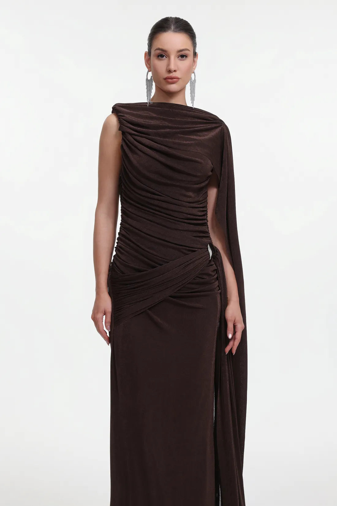 Yahir Elegant Contour Sleeveless Ruched Knit Brown Maxi Dress D251101426