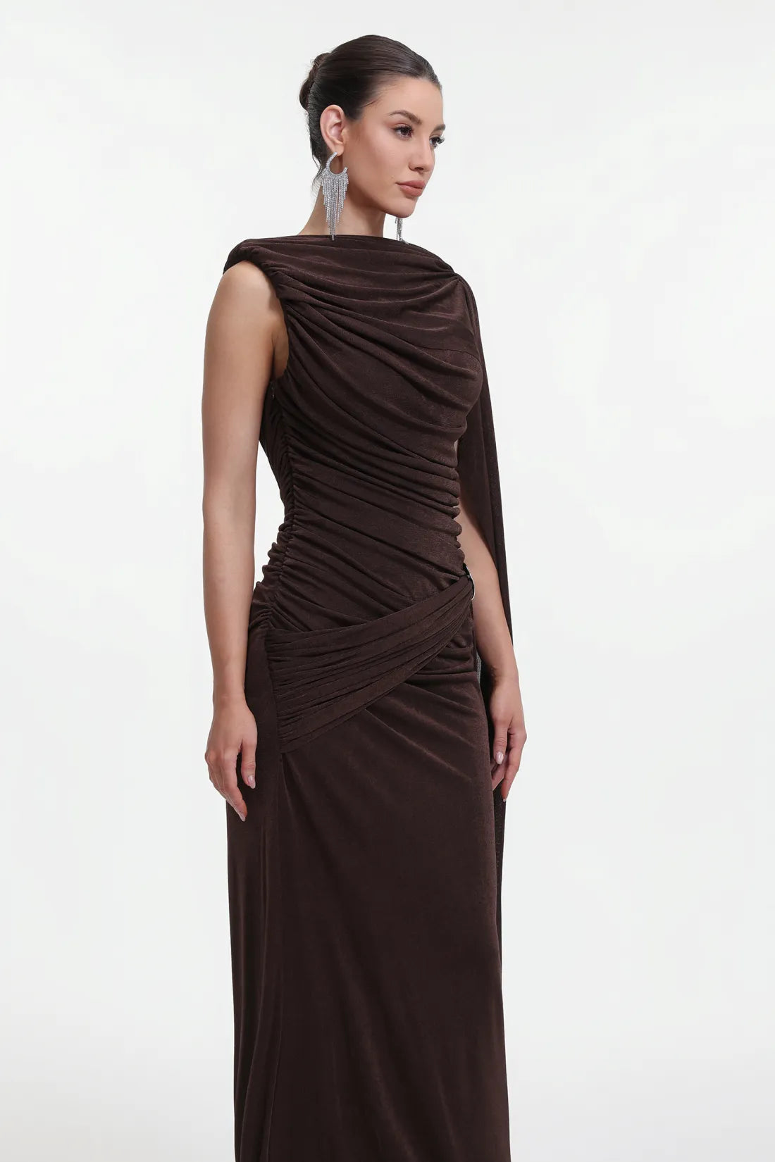 Yahir Elegant Contour Sleeveless Ruched Knit Brown Maxi Dress D251101426