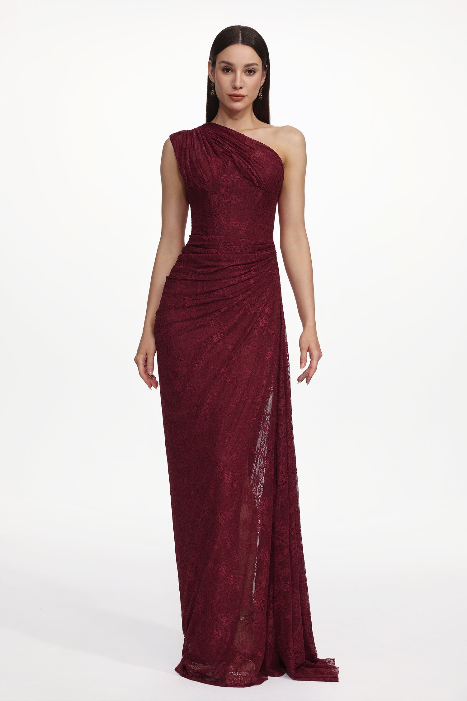 Finch Romantic Contour Sleeveless Ruched Lace Knit Maxi Dress D251201442