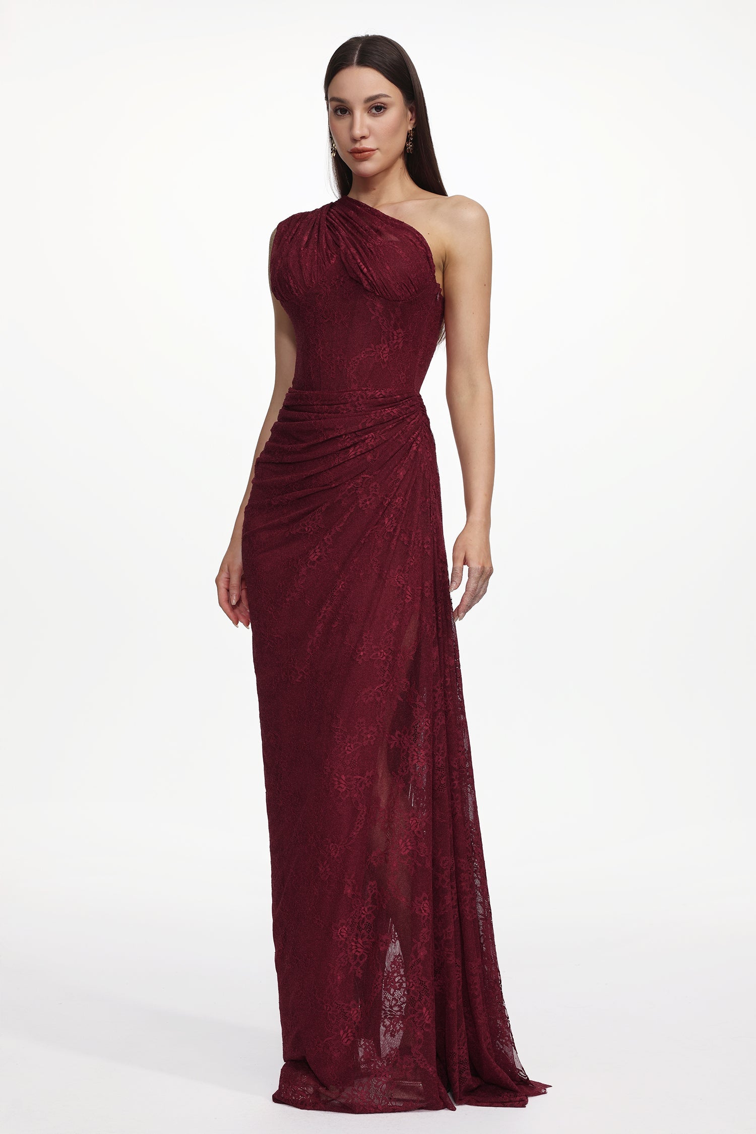 Finch Romantic Contour Sleeveless Ruched Lace Knit Maxi Dress D251201442