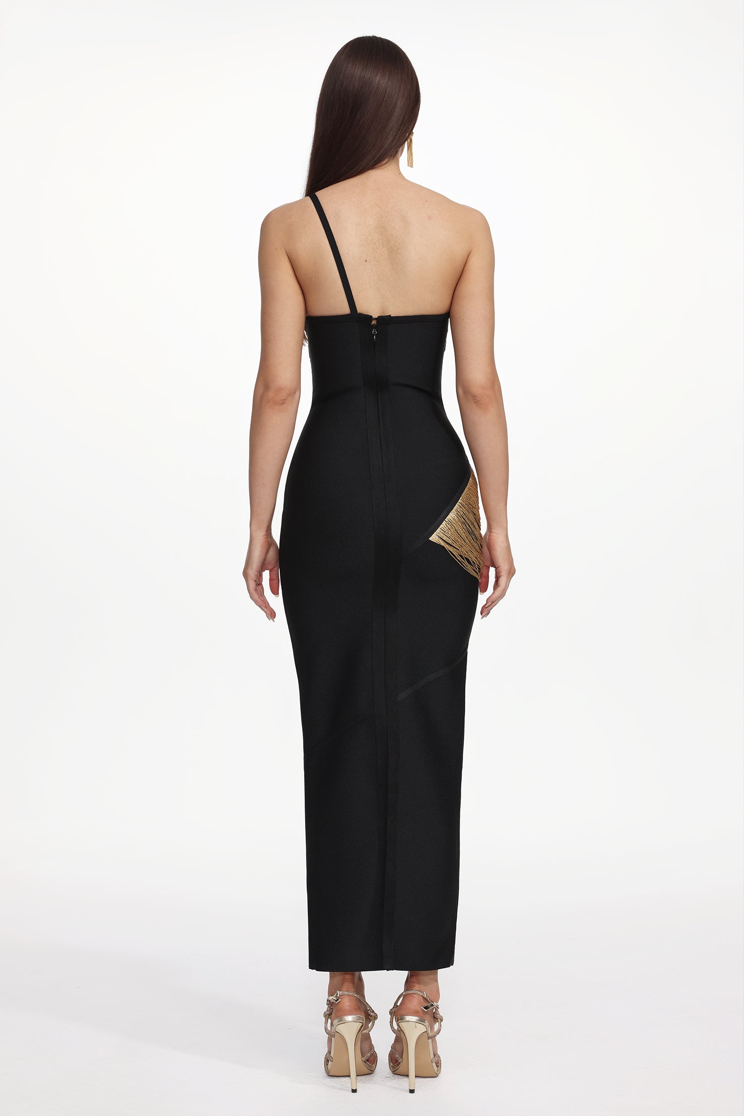 Roanna One Shoulder Sleeveless Golden Tassels Bandage Maxi Dress D250701239