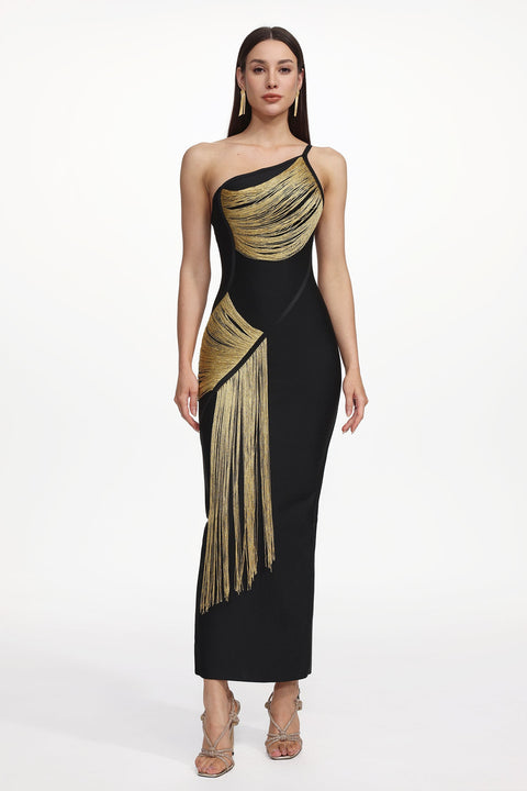 Roanna One Shoulder Sleeveless Golden Tassels Bandage Maxi Dress by Bella Barnett