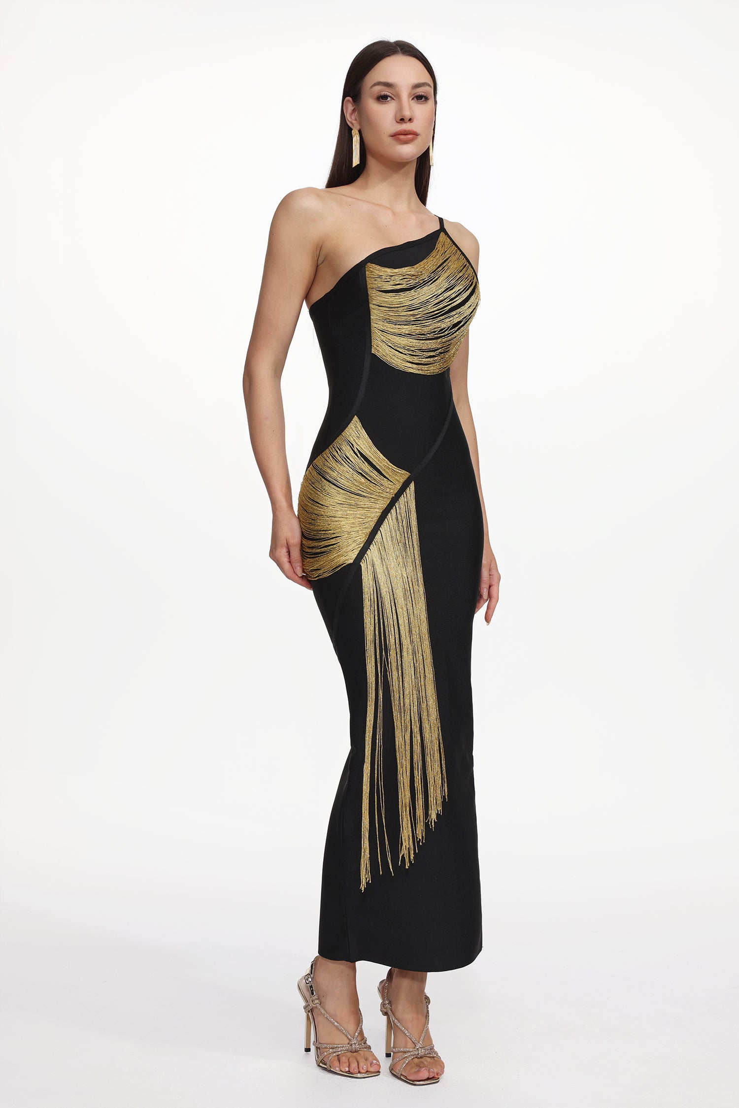 Roanna One Shoulder Sleeveless Golden Tassels Bandage Maxi Dress D250701239