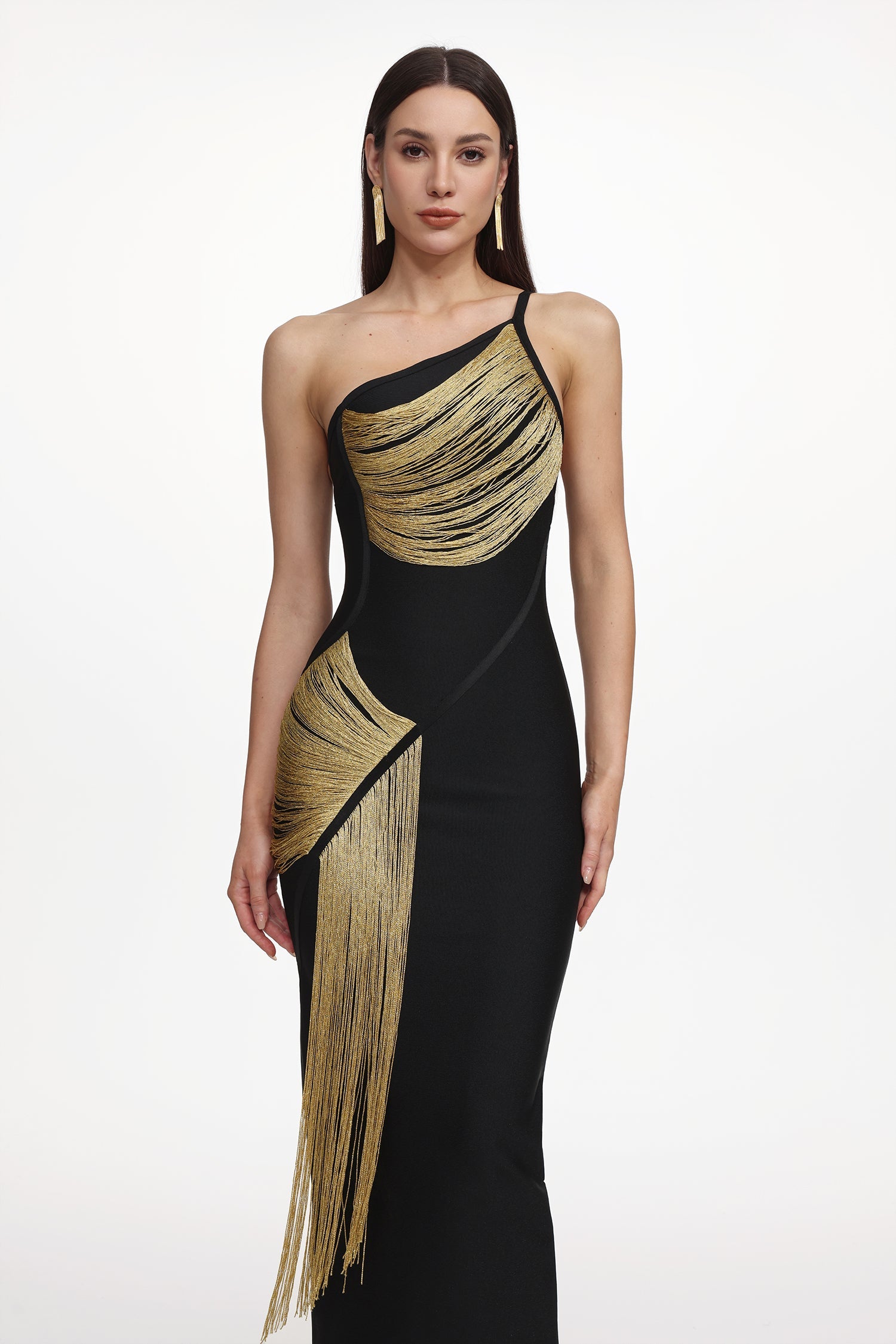 Roanna One Shoulder Sleeveless Golden Tassels Bandage Maxi Dress D250701239