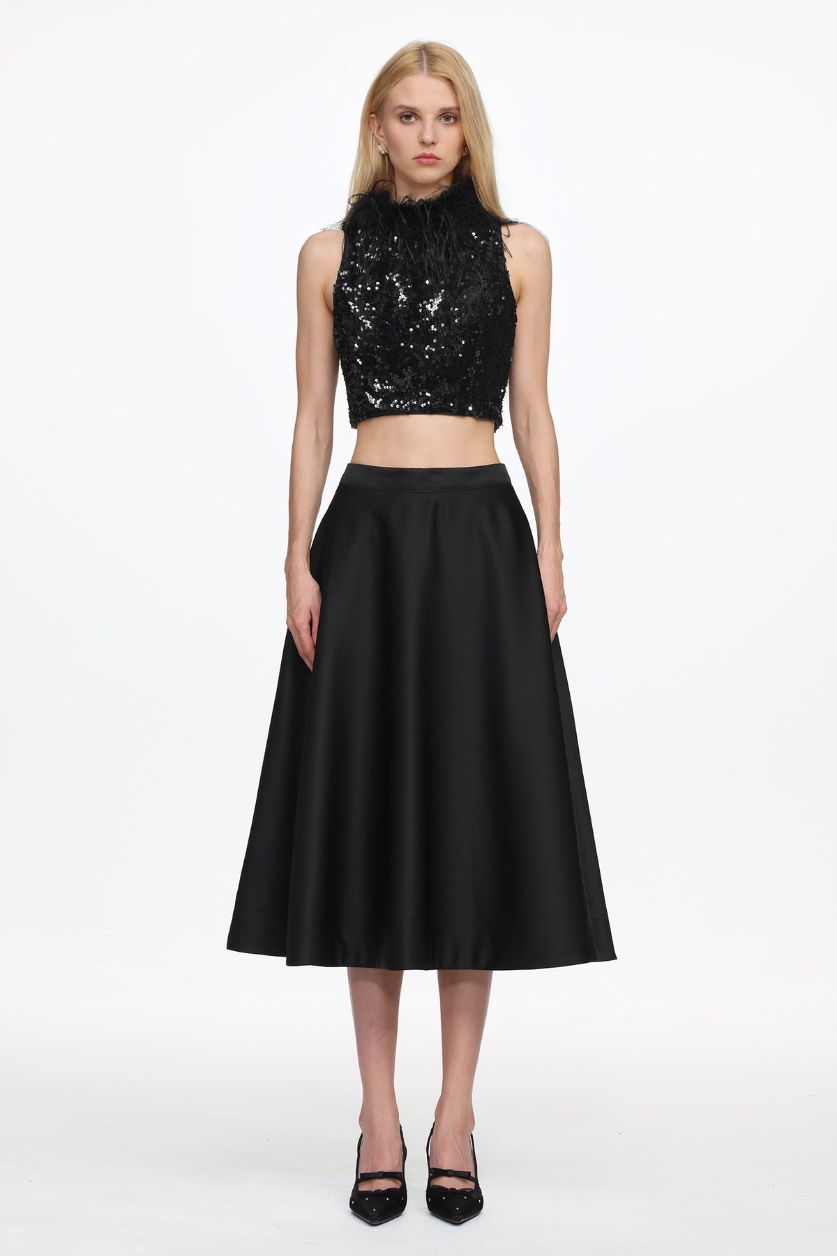 Chic Contonur Sleeveless Feather Sequin Velvet Top And Satin Skirt Set D251205405
