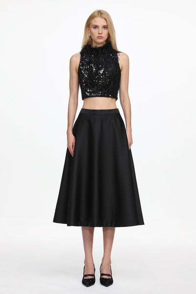 Black - Chic Contonur Sleeveless Feather Sequin Velvet Top And Satin Skirt Set by Bella Barnett