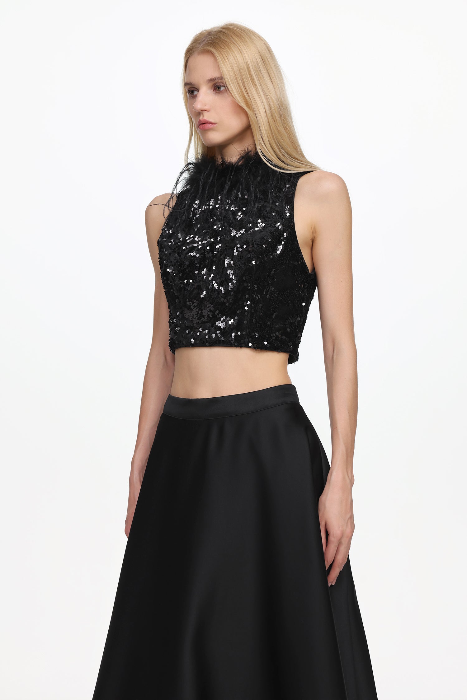 Chic Contonur Sleeveless Feather Sequin Velvet Top And Satin Skirt Set D251205405