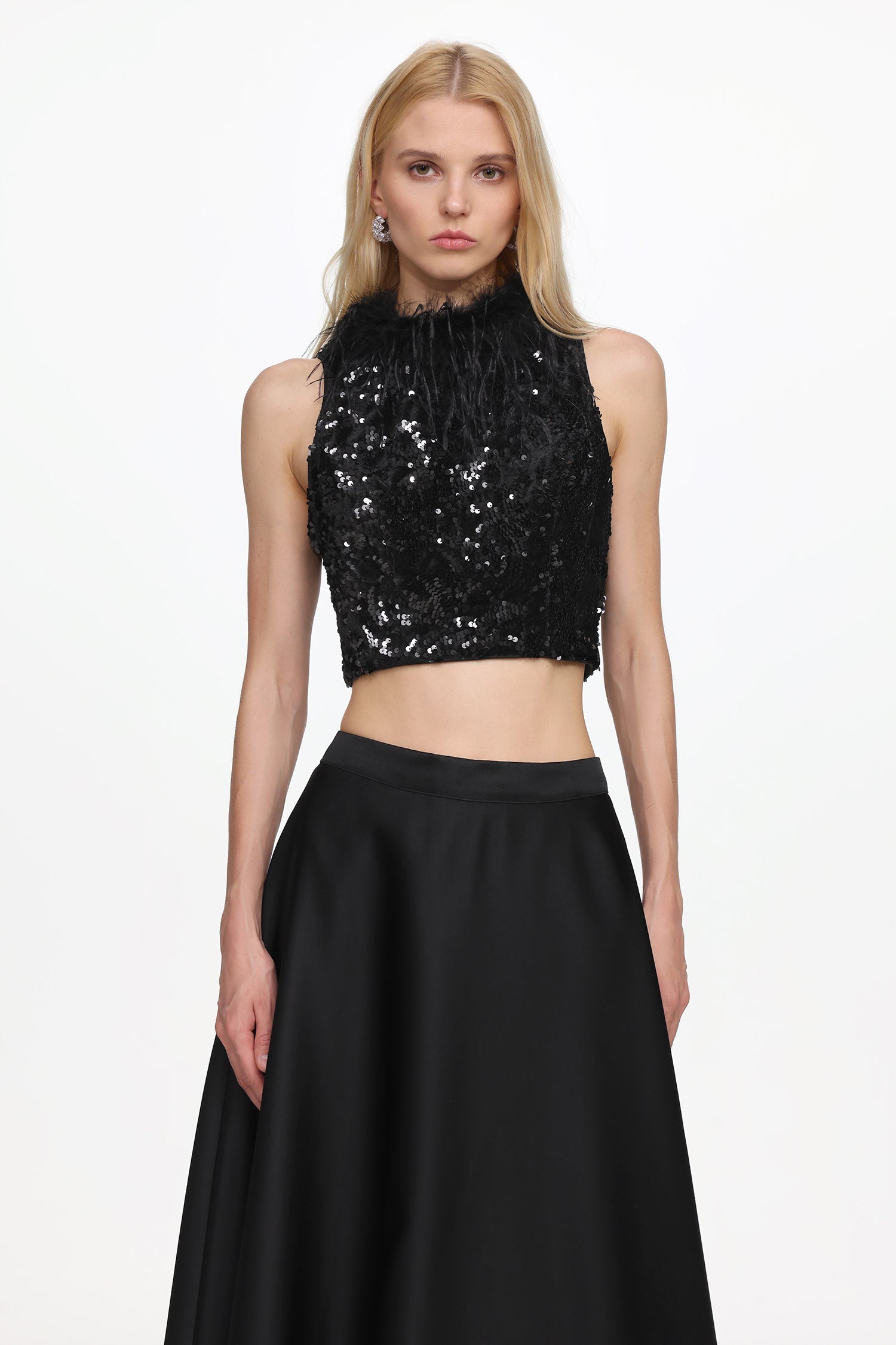 Chic Contonur Sleeveless Feather Sequin Velvet Top And Satin Skirt Set D251205405