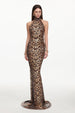 Myka Glamorous Contour Halter Leopard Print Sequin Maxi Dress by Bella Barnett