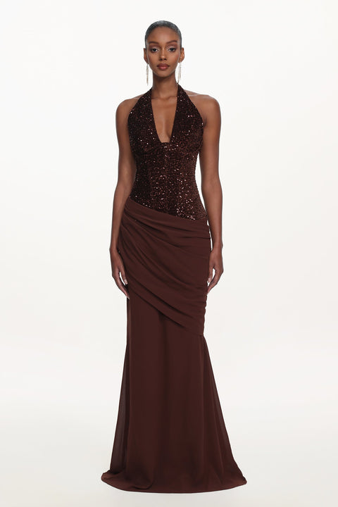 Theodora Chic Contour V Neck Halter Ruched Sequin Maxi Dress by Bella Barnett