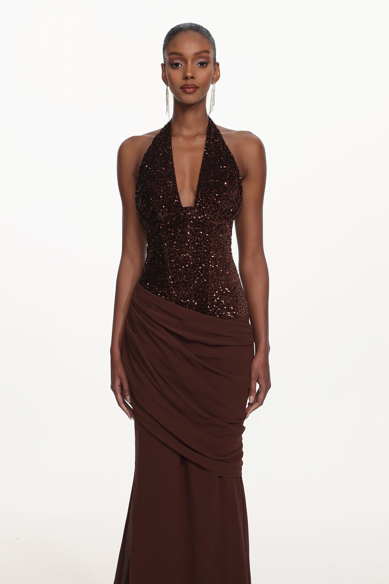 Theodora Chic Contour V Neck Halter Ruched Sequin Maxi Dress D260101221